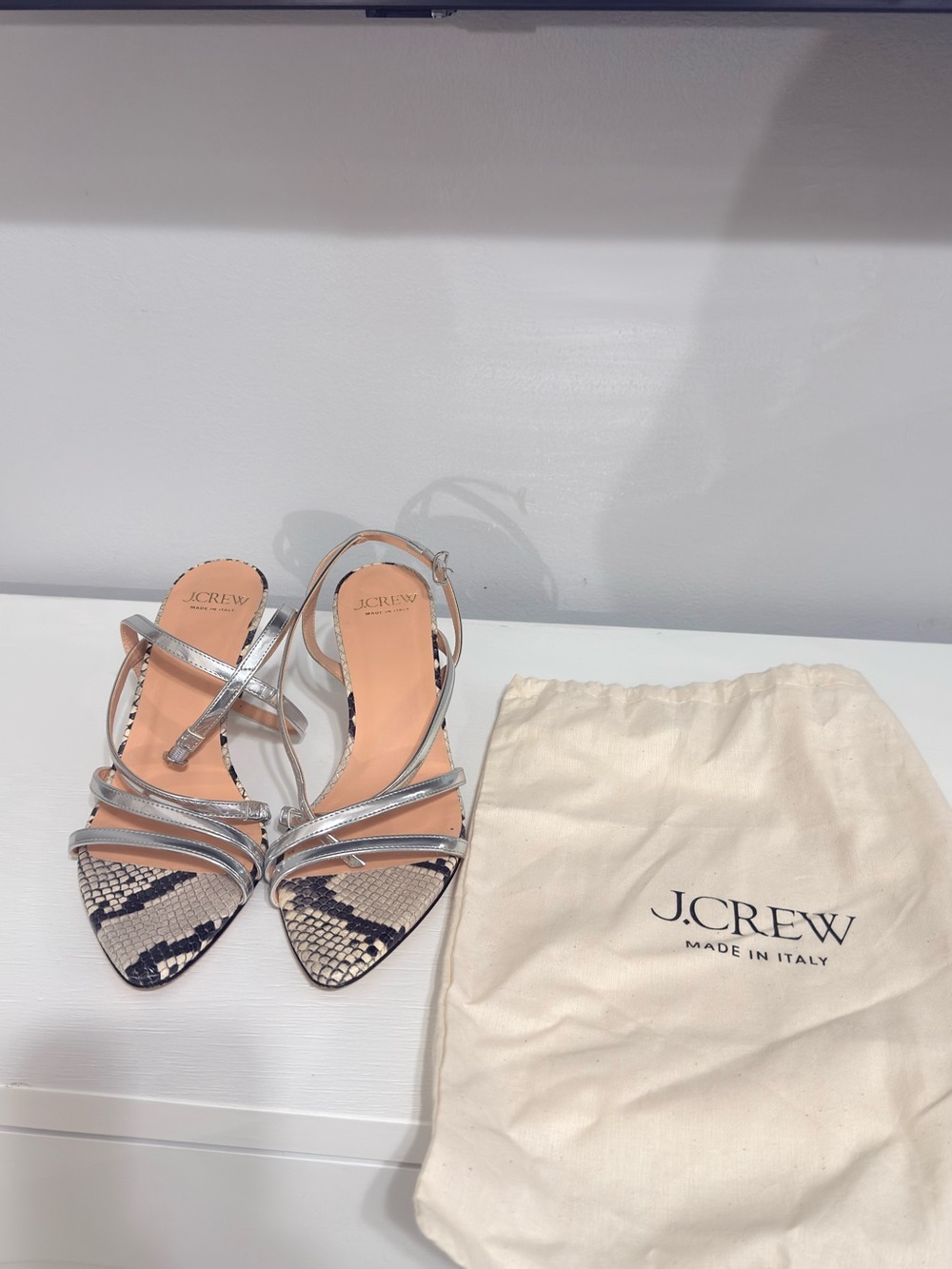 J. Crew Silver Strappy Heels with Snake-Print Toe